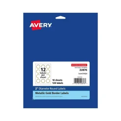 Avery Easy Peel Laser/Inkjet Round Labels, 2" Dia, White with Metallic Gold Borders, 120 Labels/Pack (22876)