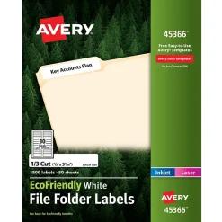 Avery EcoFriendly Laser/Inkjet File Folder Labels, 2/3" x 3-7/16", White, 1,500 Labels/Box (45366)
