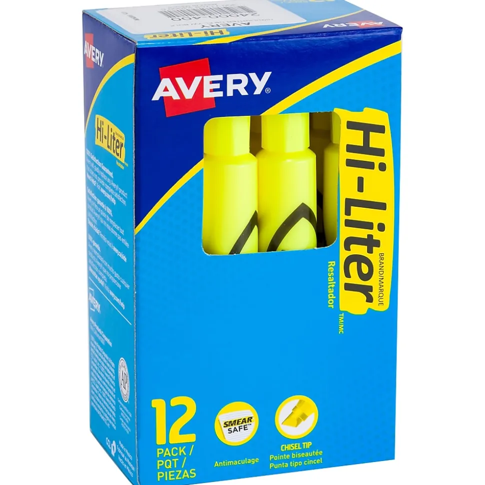Avery Hi-Liter Desk Style Highlighters, Chisel Tip, Yellow, Dozen (24000)