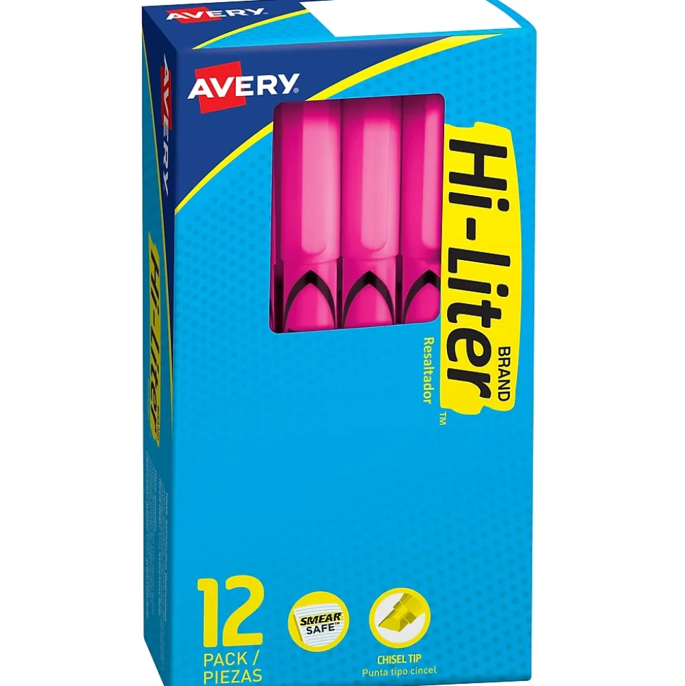 Avery Hi-Liter Stick Highlighters, Chisel, Pink, Dozen (23592)