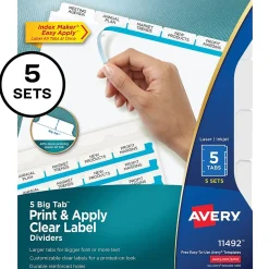 Avery Index Maker Big Tab Paper Dividers with Print & Apply Label Sheets, 5 Tabs, White, 5 Sets/Pack (11492)