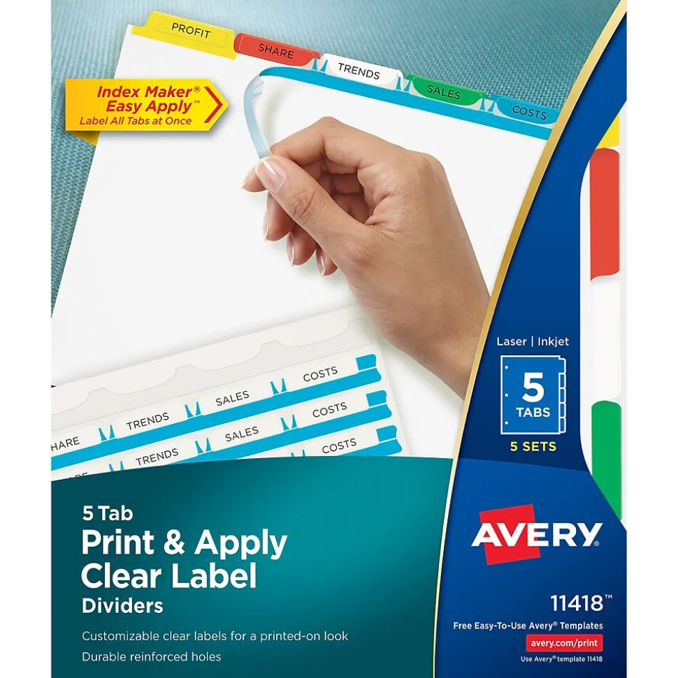Avery Index Maker Paper Dividers with Print & Apply Label Sheets, 5 Tabs, Multicolor, 5 Sets/Pack (11418)