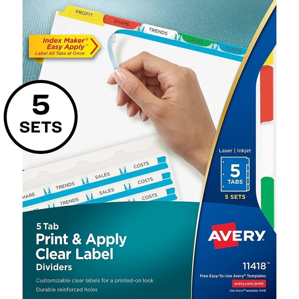 Avery Index Maker Paper Dividers with Print & Apply Label Sheets, 5 Tabs, Multicolor, 5 Sets/Pack (11418)