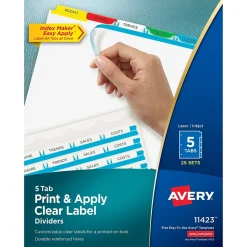Avery Index Maker Paper Dividers with Print & Apply Label Sheets, 5 Tabs, Multicolor, 25 Sets/Pack (11423)