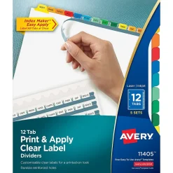Avery Index Maker Paper Dividers with Print & Apply Label Sheets, 12 Tabs, Multicolor, 5 Sets/Pack (11405)