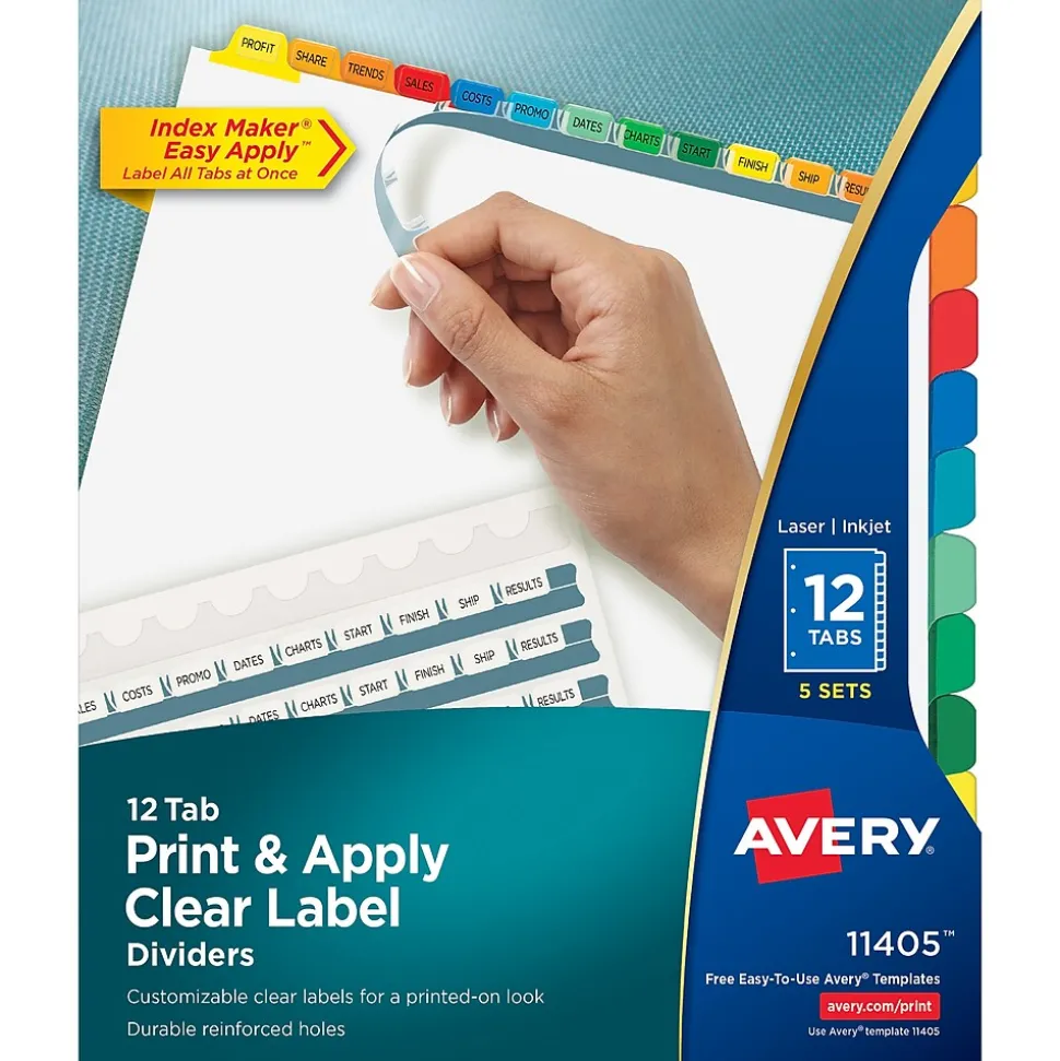 Avery Index Maker Paper Dividers with Print & Apply Label Sheets, 12 Tabs, Multicolor, 5 Sets/Pack (11405)