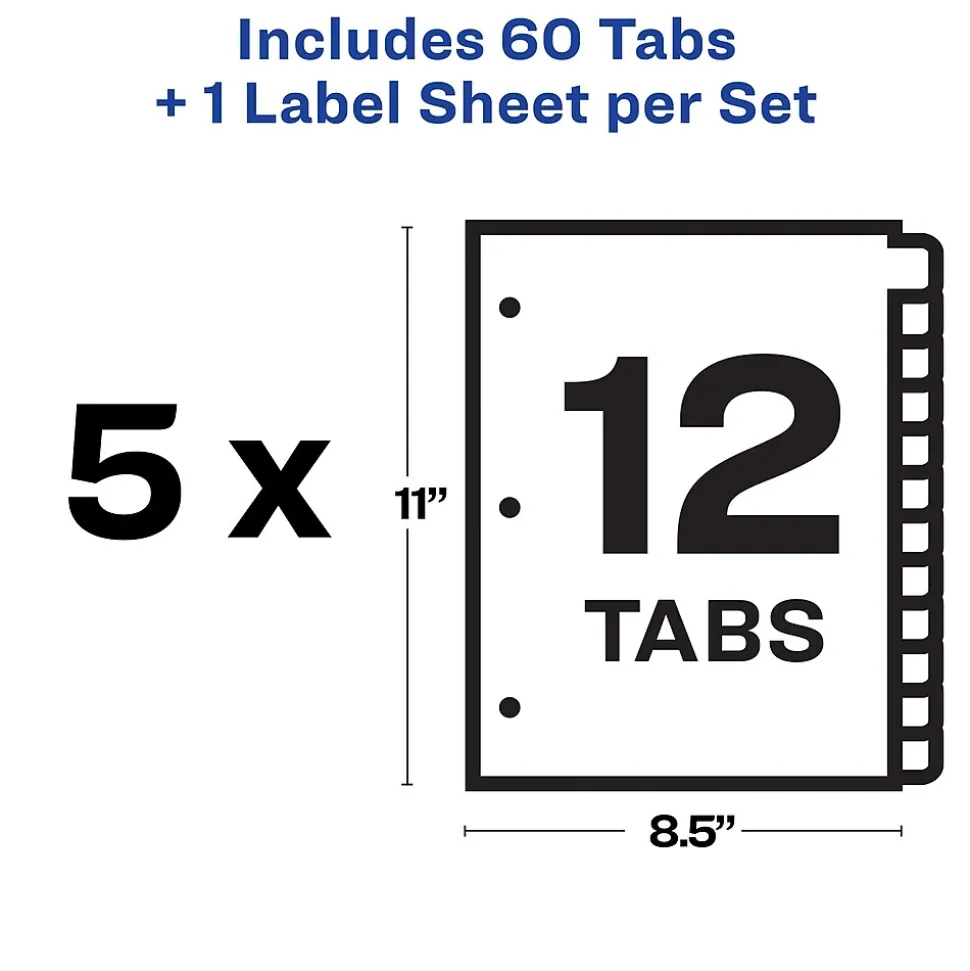 Avery Index Maker Paper Dividers with Print & Apply Label Sheets, 12 Tabs, White, 5 Sets/Pack (11429)