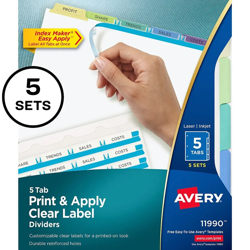 Avery Index Maker Paper Dividers with Print & Apply Label Sheets, 5 Tabs, Pastel, 5 Sets/Pack (11990)