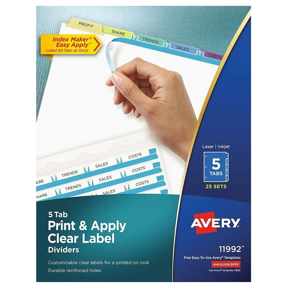 Avery Index Maker Paper Dividers with Print & Apply Label Sheets, 5 Tabs, Pastel, 25 Sets/Pack (11992)