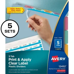 Avery Index Maker Plastic Dividers with Print & Apply Label Sheets, 5 Tabs, Multicolor, 5 Sets/Pack (12452)