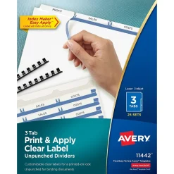 Avery Index Maker Unpunched Paper Dividers with Print & Apply Label Sheets, 3 Tabs, White (11442)