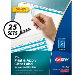 Avery Index Maker Unpunched Paper Dividers with Print & Apply Label Sheets, 5 Tabs, White, 25 Sets/Pack (11443)