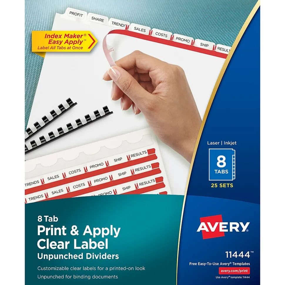 Avery Index Maker Unpunched Paper Dividers with Print & Apply Label Sheets, 8 Tabs, White, 25 Sets/Pack (11444)