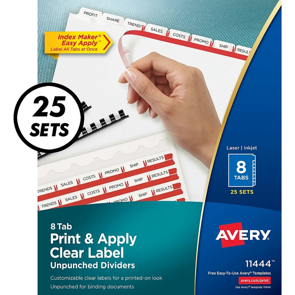 Avery Index Maker Unpunched Paper Dividers with Print & Apply Label Sheets, 8 Tabs, White, 25 Sets/Pack (11444)