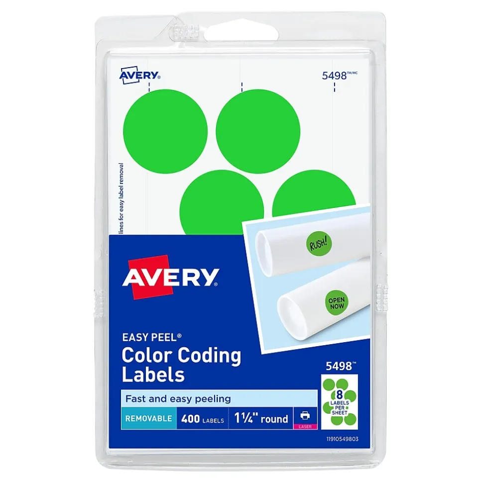 Avery Laser Color Coding Labels, 1 1/4" Dia., Neon Green, 8/Sheet, 50 Sheets/Pack (5498)