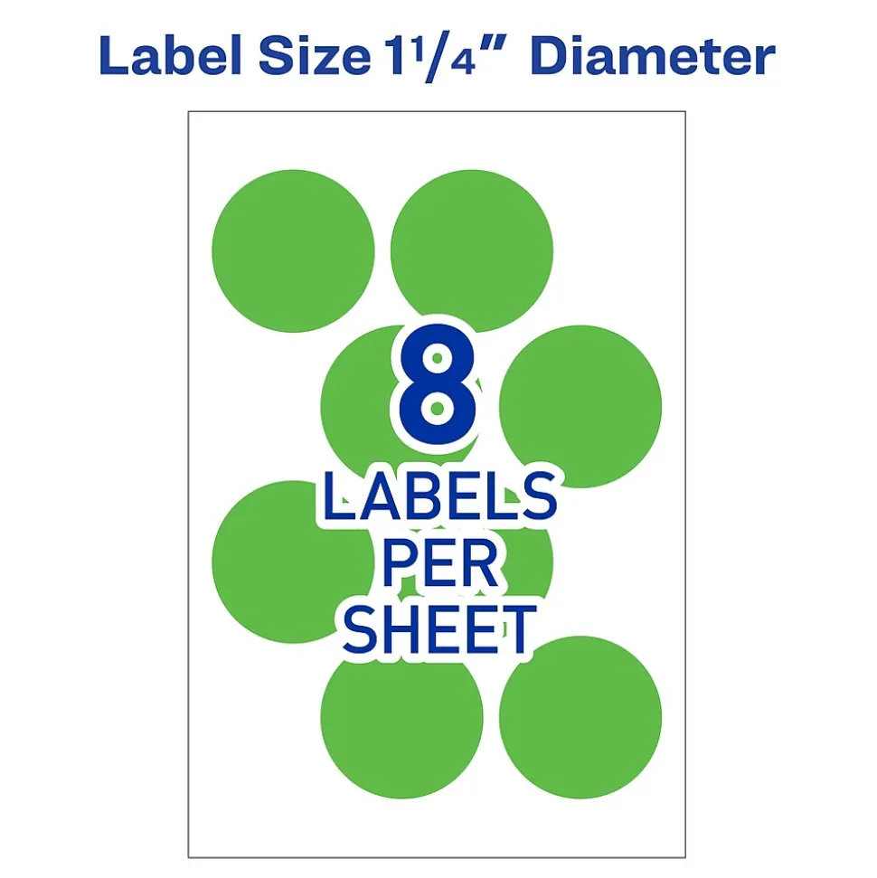 Avery Laser Color Coding Labels, 1 1/4" Dia., Neon Green, 8/Sheet, 50 Sheets/Pack (5498)