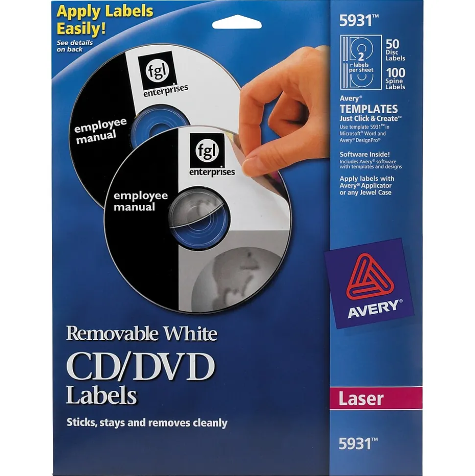 Avery Laser Media Labels, White Matte, 50 Disc and 100 Spine Labels/Pack (5931)