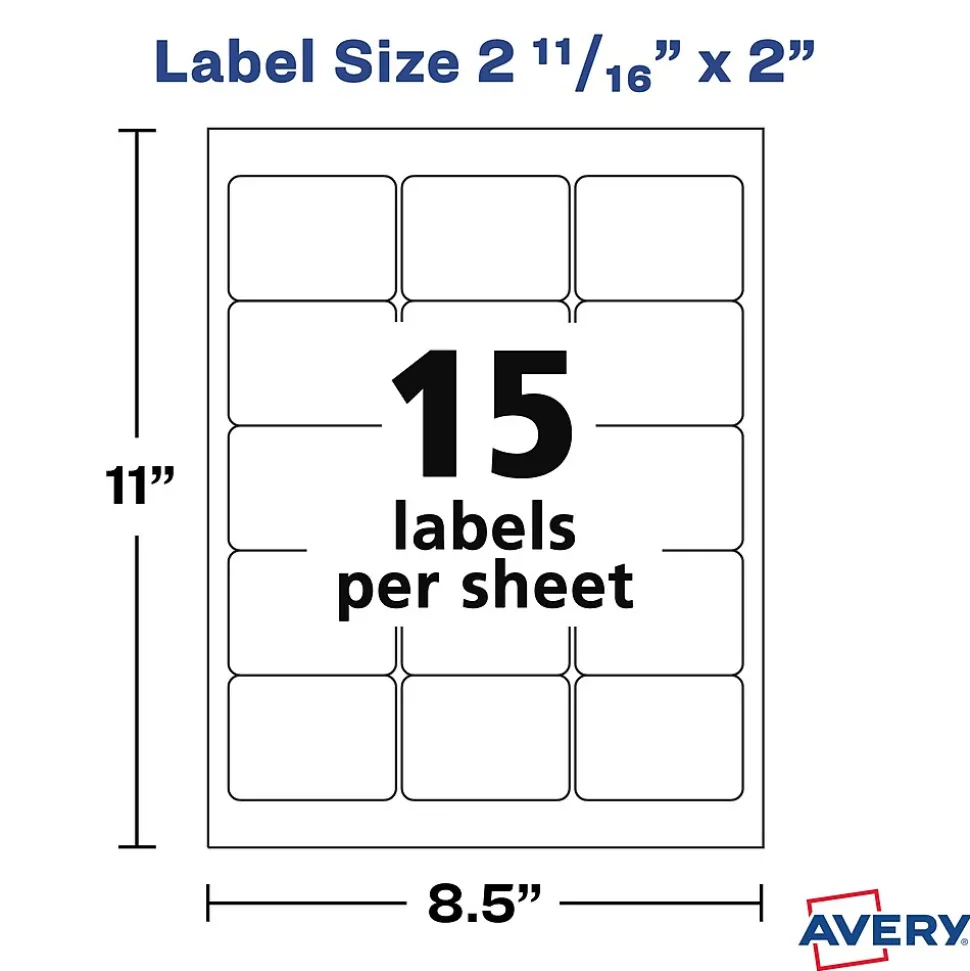 Avery Laser/Inkjet Media Labels, 2" x 2-11/16", White, 15/Sheet, 25 Sheets/Pack (6490)
