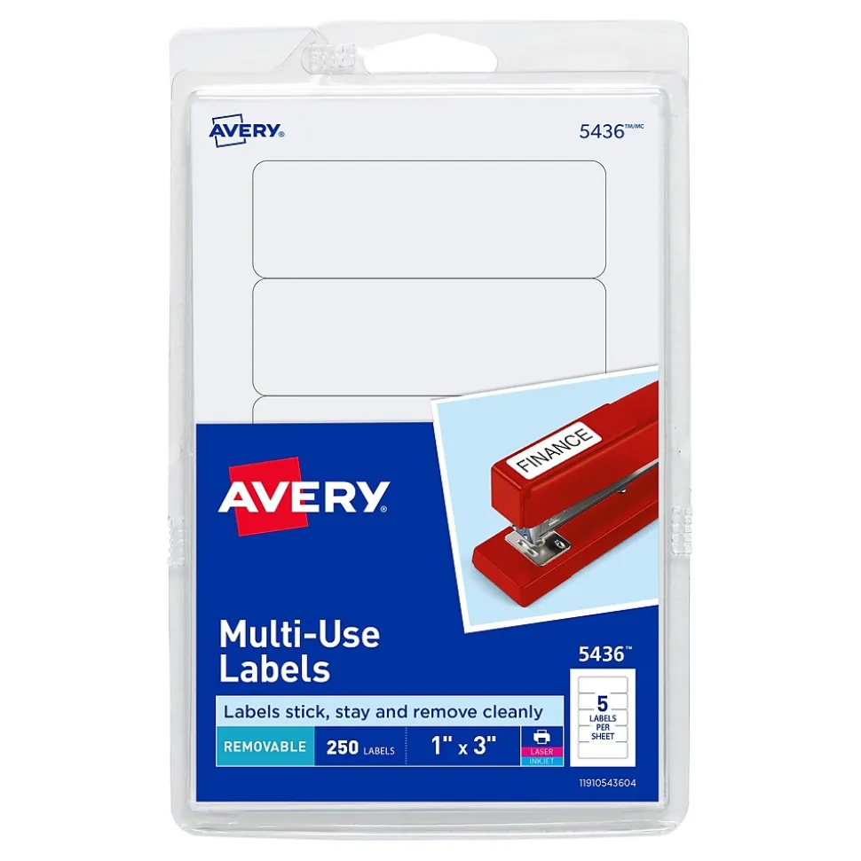 Avery Laser/Inkjet Multipurpose Labels, 1" x 3", White, 250 Labels/Pack (5436)