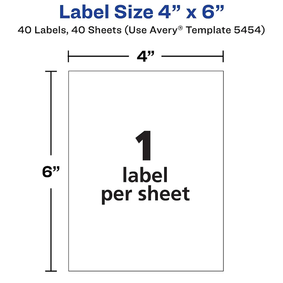 Avery Laser/Inkjet Multipurpose Labels on 4" x 6" Sheets, 4" x 6" Labels, White, 40 Labels/Pack (5454)