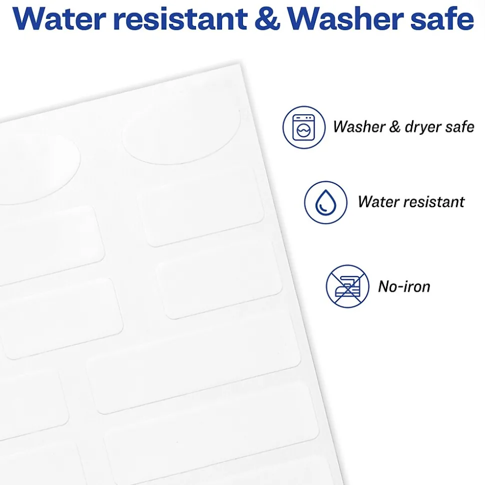 Avery No-Iron Fabric Labels, Assorted Shapes and Sizes, White, Non-Printable, 45 Labels/Pack (40700)