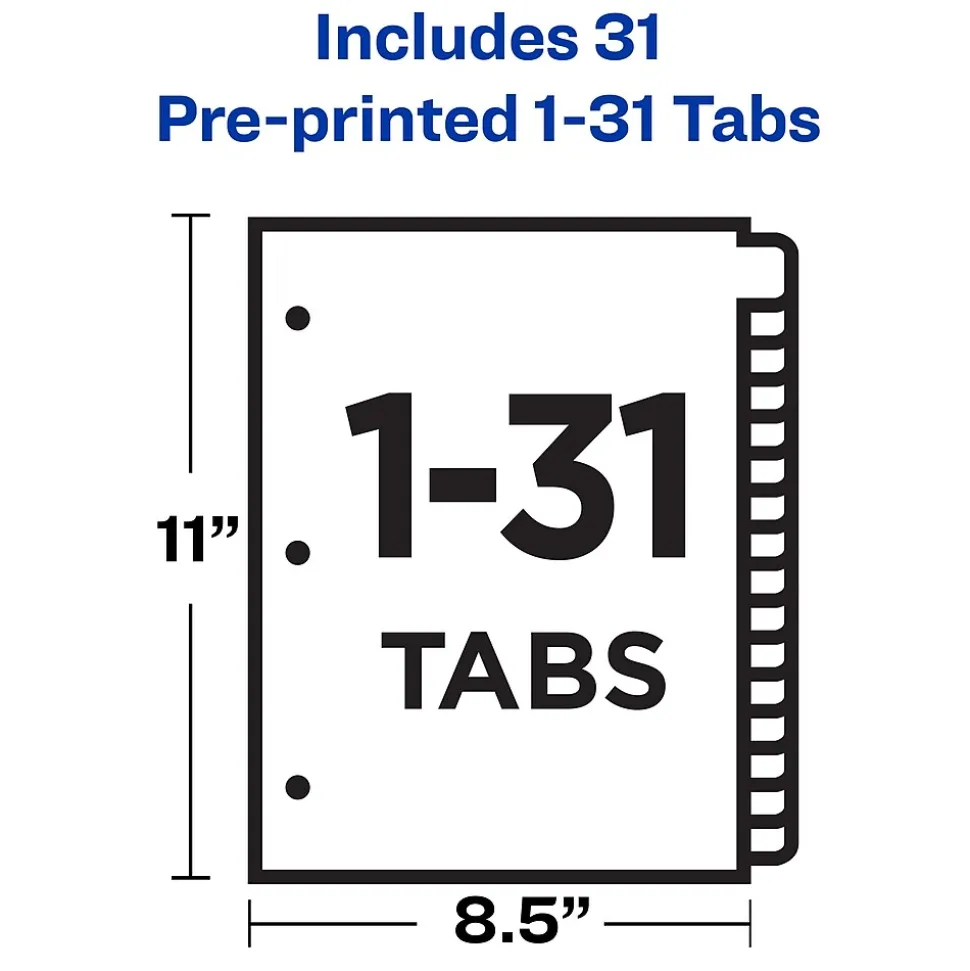 Avery Pre-Printed Paper Dividers with Laminated Tabs, 1-31 Tabs, Buff, Gold Reinforced (11308)