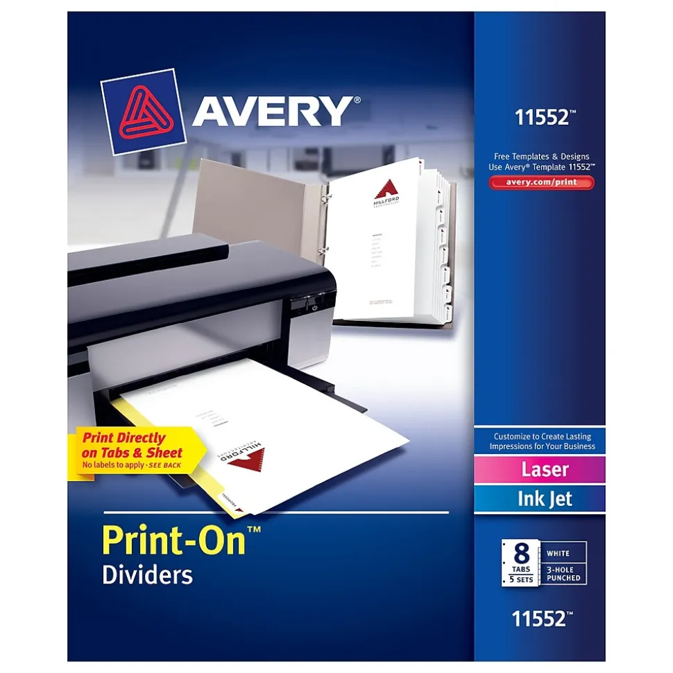 Avery Print-On Paper Dividers, 8 Tabs, White, 5 Sets/Pack (11552)