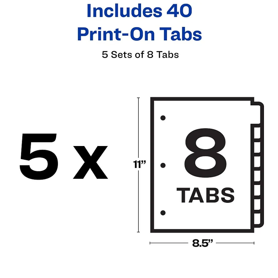 Avery Print-On Paper Dividers, 8 Tabs, White, 5 Sets/Pack (11552)