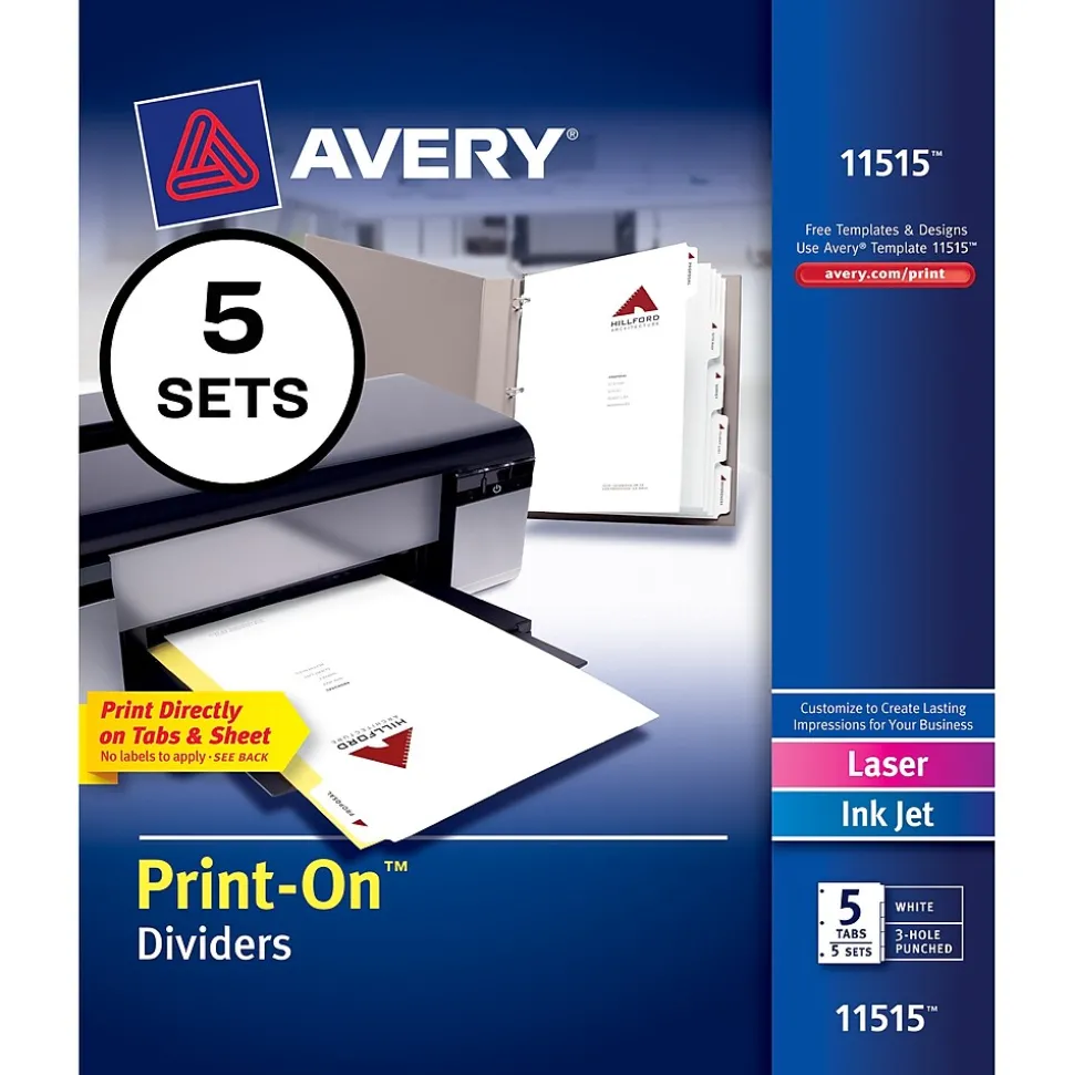 Avery Print-On Paper Dividers, 5 Tabs, White, 5 Sets/Pack (11515)
