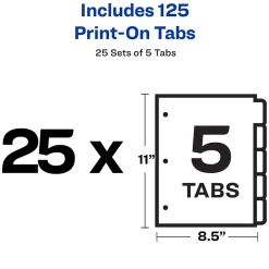 Avery Print-On Paper Dividers, 5 Tabs, White, 25 Sets/Pack (11517)