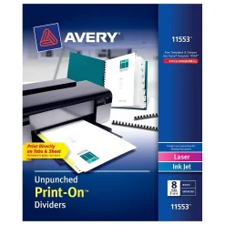 Avery Print-On Unpunched Paper Dividers, 8 Tabs, White, 5 Sets/Pack (11553)