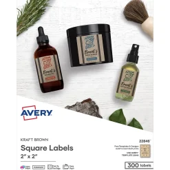Avery Print-to-the-Edge Laser/Inkjet Square Labels, 2" x 2", Kraft Brown, 300 Labels/Pack (22846)