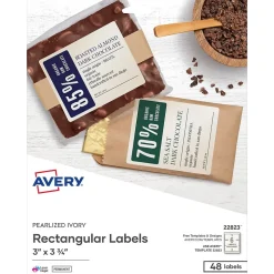 Avery Print-to-the-Edge Laser/Inkjet Rectangle Labels, 3" x 3 3/4", Pearlized Ivory, 48 Labels/Pack (22823)