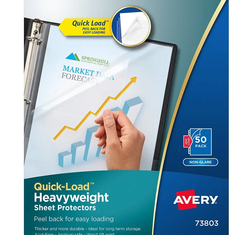 Avery Quick Load Non-Glare Heavyweight Sheet Protectors, 8.5" x 11", Clear, 50/Box(73803)