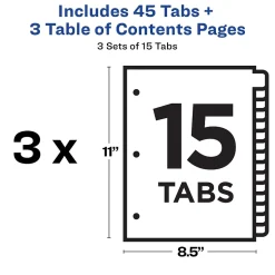 Avery Ready Index Customizable Table Of Contents Preprinted Paper Dividers, 15-Tab, White, 3 Sets/Pack (11079)