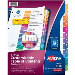 Avery Ready Index Numeric Paper Dividers, 12-Tab, Multicolor, 6/Pack (11196)