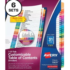Avery Ready Index Table of Contents Paper Dividers, 1-31 Tabs, Multicolor, 6 Sets/Pack (11831)