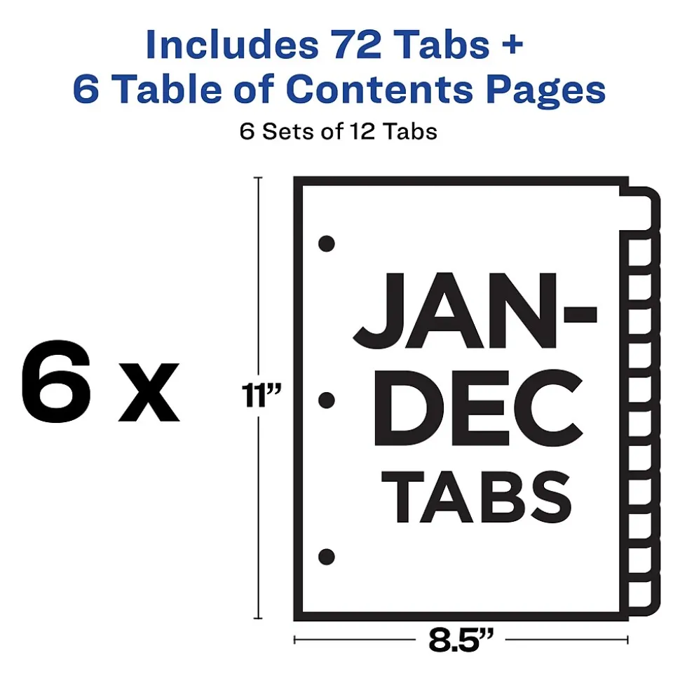 Avery Ready Index Table of Contents Pre-Printed Monthly Paper Divider, Jan-Dec, Multicolor, 6 Sets (11830)