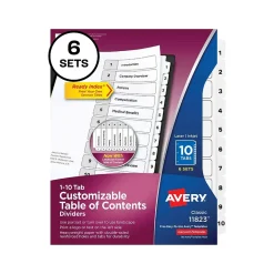 Avery Ready Index Table of Contents Paper Dividers, 1-10 Tabs, White, 6 Sets/Pack (11823)