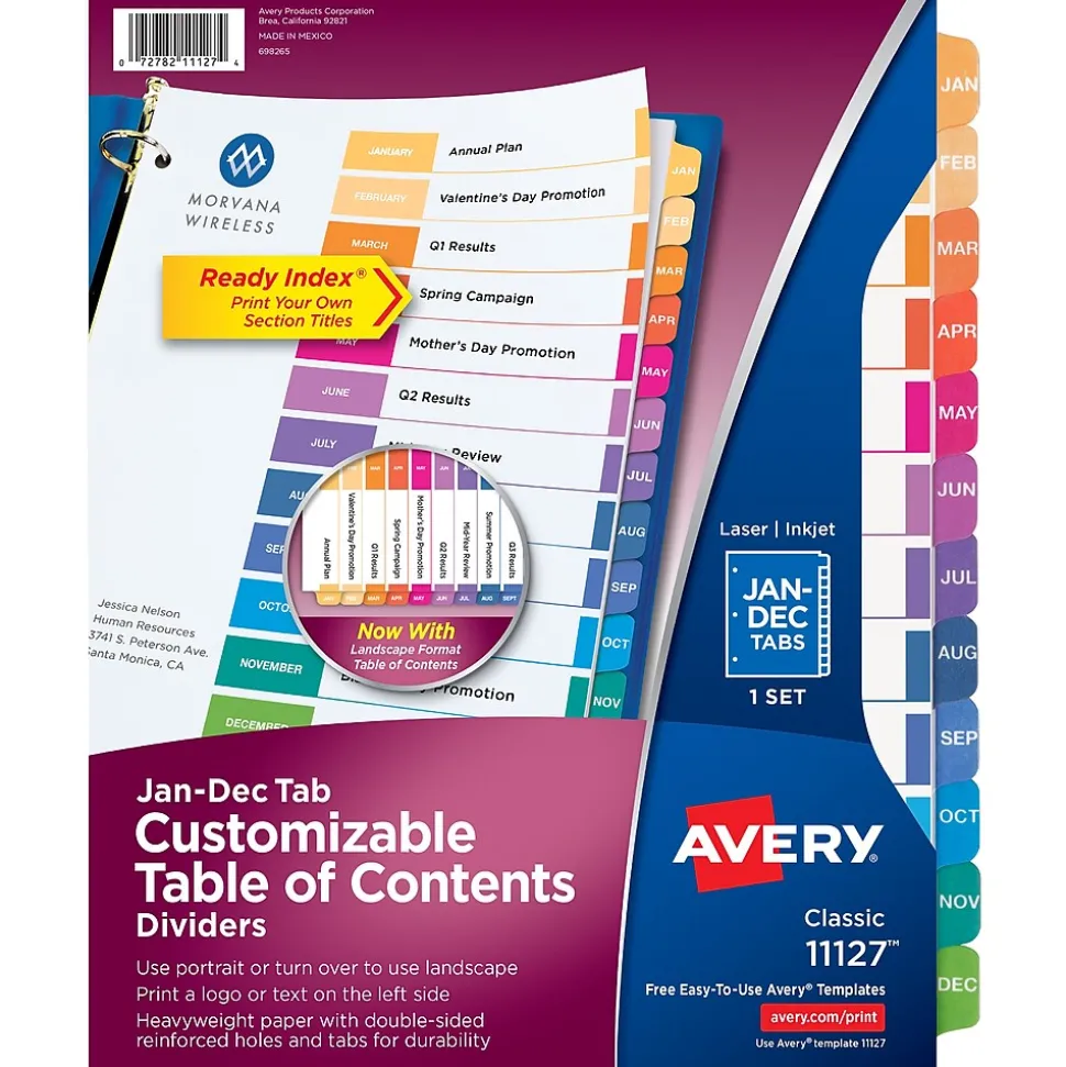 Avery Ready Index Table of Contents Pre-Printed Monthly Paper Divider, Jan - Dec Tabs, Multicolor, 1 Set (11127)