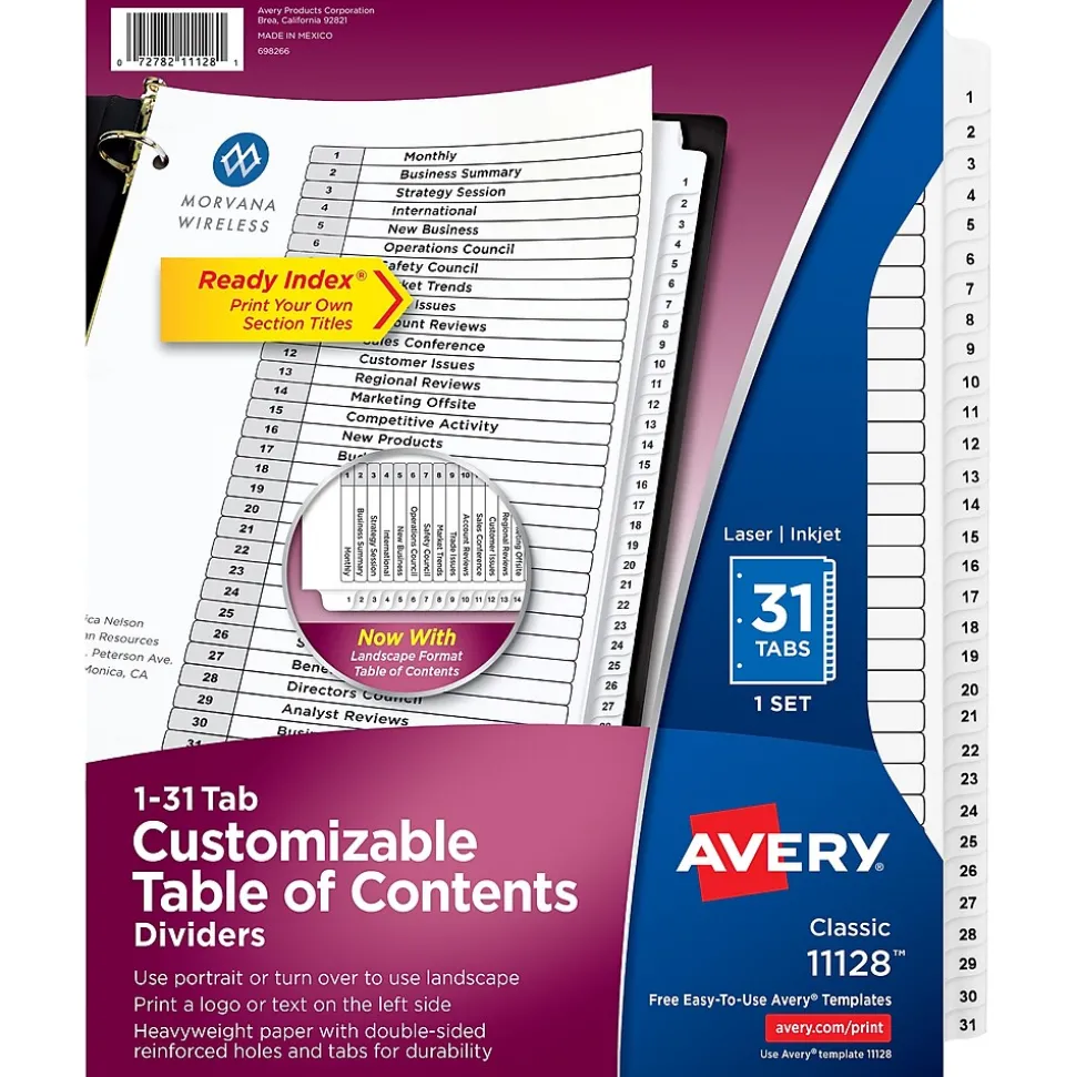 Avery Ready Index Table of Contents Pre-Printed Numeric Paper Divider, 31 Tabs, White, 1 Set (11128/RI21331C)