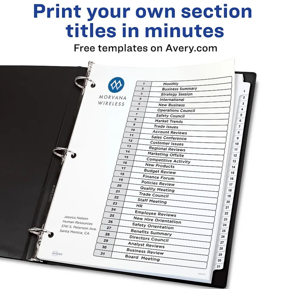 Avery Ready Index Table of Contents Pre-Printed Numeric Paper Divider, 31 Tabs, White, 1 Set (11128/RI21331C)