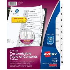 Avery Ready Index Table of Contents Paper Dividers, 1-10 Tabs, White (11134)