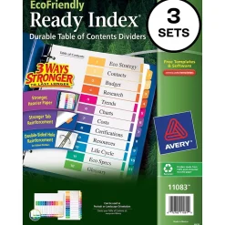 Avery Ready Index Table of Contents EcoFriendly Paper Dividers, 1-12 Tabs, Multicolor, 3 Sets/Pack (11083)