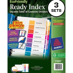 Avery Ready Index Table of Contents EcoFriendly Paper Dividers, 1-8 Tabs, Multicolor, 3 Sets/Pack (11081)
