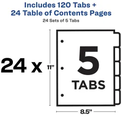 Avery Ready Index Table of Contents Paper Dividers, 1-5 Tabs, Multicolor, 24 Sets/Box (11167)