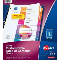 Avery Ready Index Table of Contents Paper Dividers, 1-8 Tabs, Multicolor, 24 Sets/Box (11168)