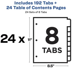 Avery Ready Index Table of Contents Paper Dividers, 1-8 Tabs, Multicolor, 24 Sets/Box (11168)