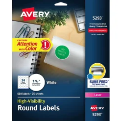 Avery Sure Feed Laser Round Labels, 1-2/3" Dia, White, 600 Labels/Pack (5293)