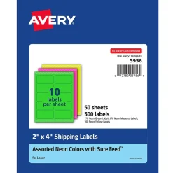 Avery Sure Feed Laser Shipping Labels, 2"x 4", Assorted Neon, 500 Labels/Box (5956)